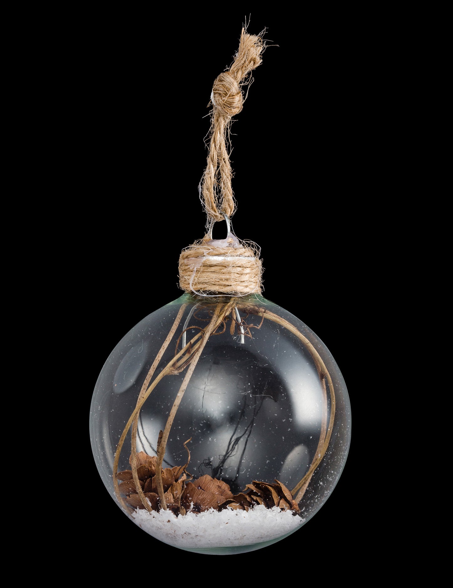 Skleněná vánoční cetka s šiškami 6 cm a sníh