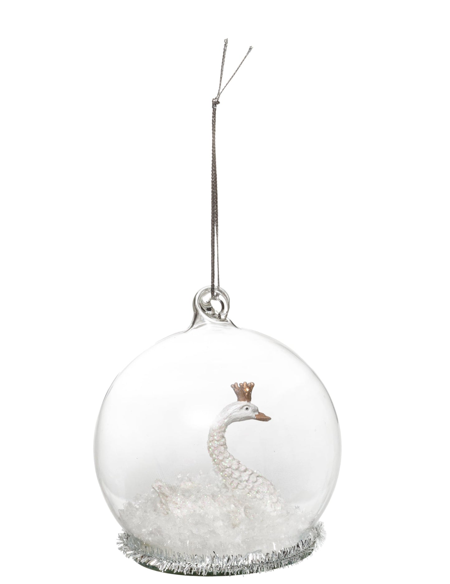 Boule de noël en verre cygne blanc féerique blanc et transparent avec couronne dorée