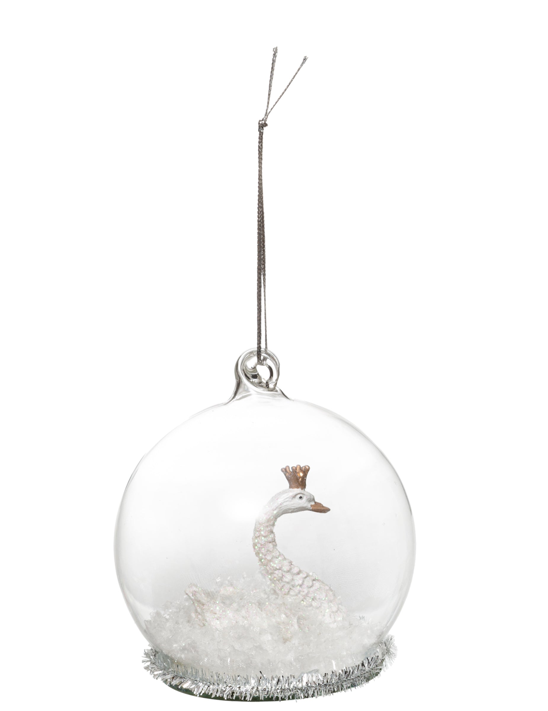 Boule de noël en verre cygne blanc féerique pour décoration blanc avec neige et couronne dorée