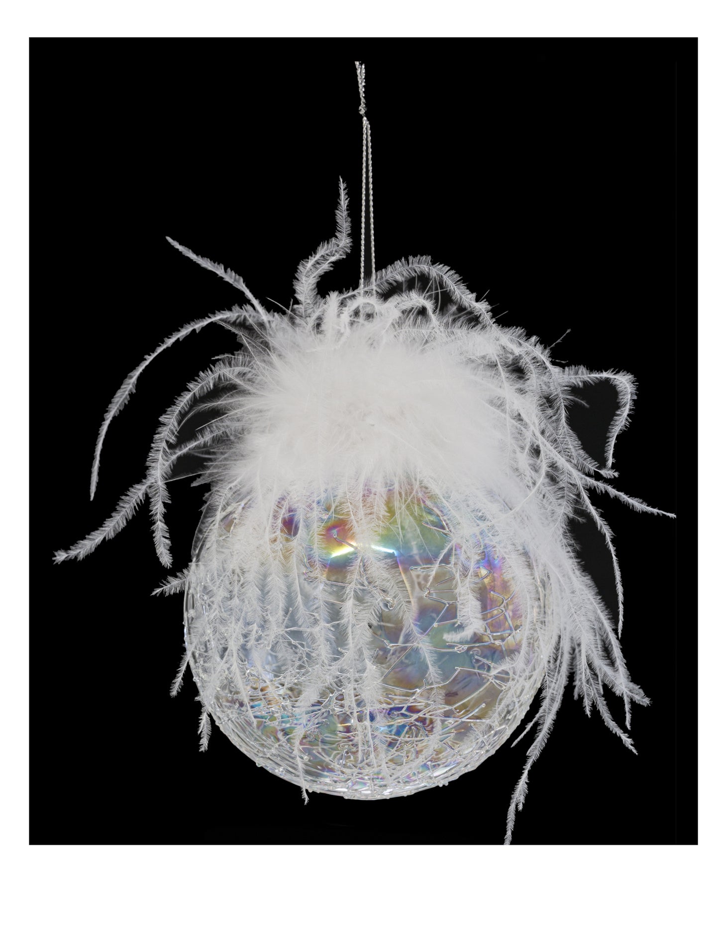 Duhové skleněné vánoční koule s peřím 10 cm