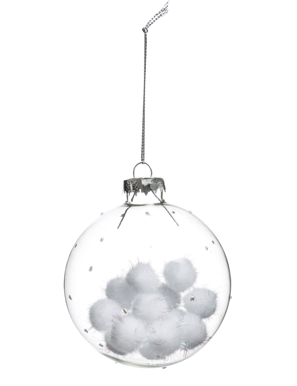 Boule de noël en verre avec boules de coton transparente et blanche