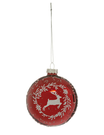 Červená skleněná vánoční koule, sob a věnec 8 cm