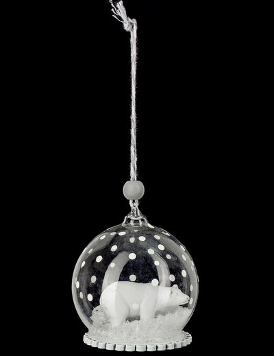 Boule de noël en verre ours polaire avec neige et pois blancs