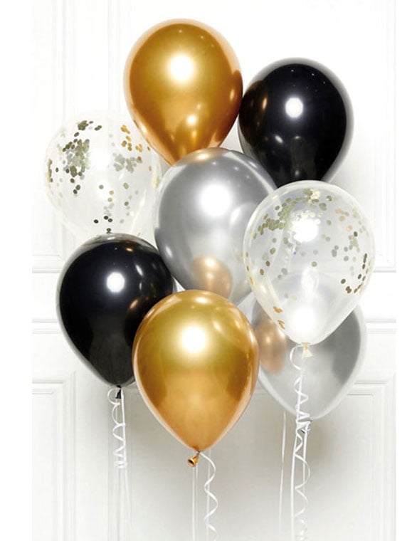 Bouquet de 8 ballons pour fête noir, or et argent avec confettis