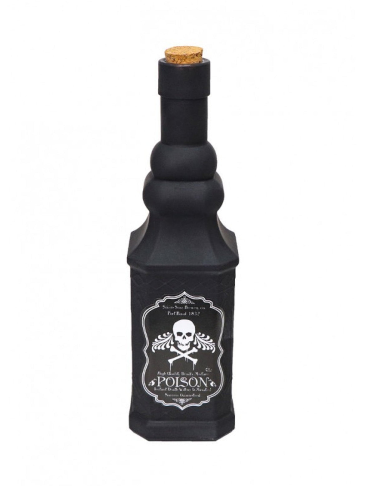 Bouteille en verre Halloween pour décoration noire avec étiquette poison et bouchon en liège