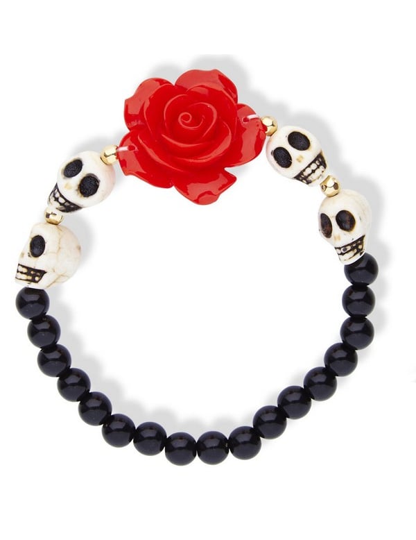 Bracelet squelettes et rose rouge pour adulte avec perles noires et crânes blancs