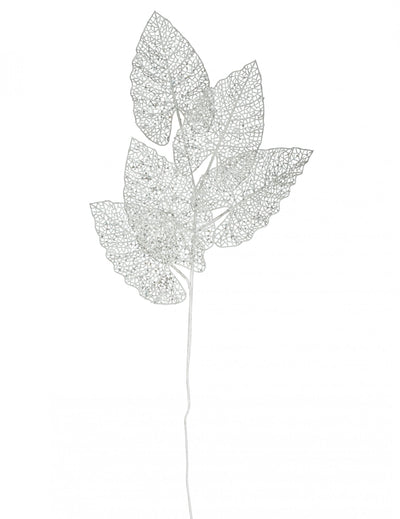 Branche décorative 5 feuilles pour fête blanche pailletée