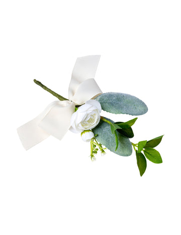 Branche de pivoines pour mariage blanche et feuillages avec ruban