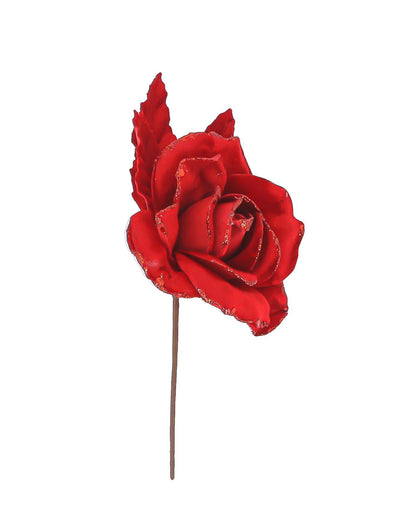 Větvička sametové růže s červenými třpytkami 21 cm