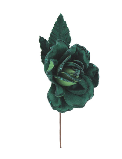 Větvička růže s tmavě zeleným třpytivým sametem 21 cm