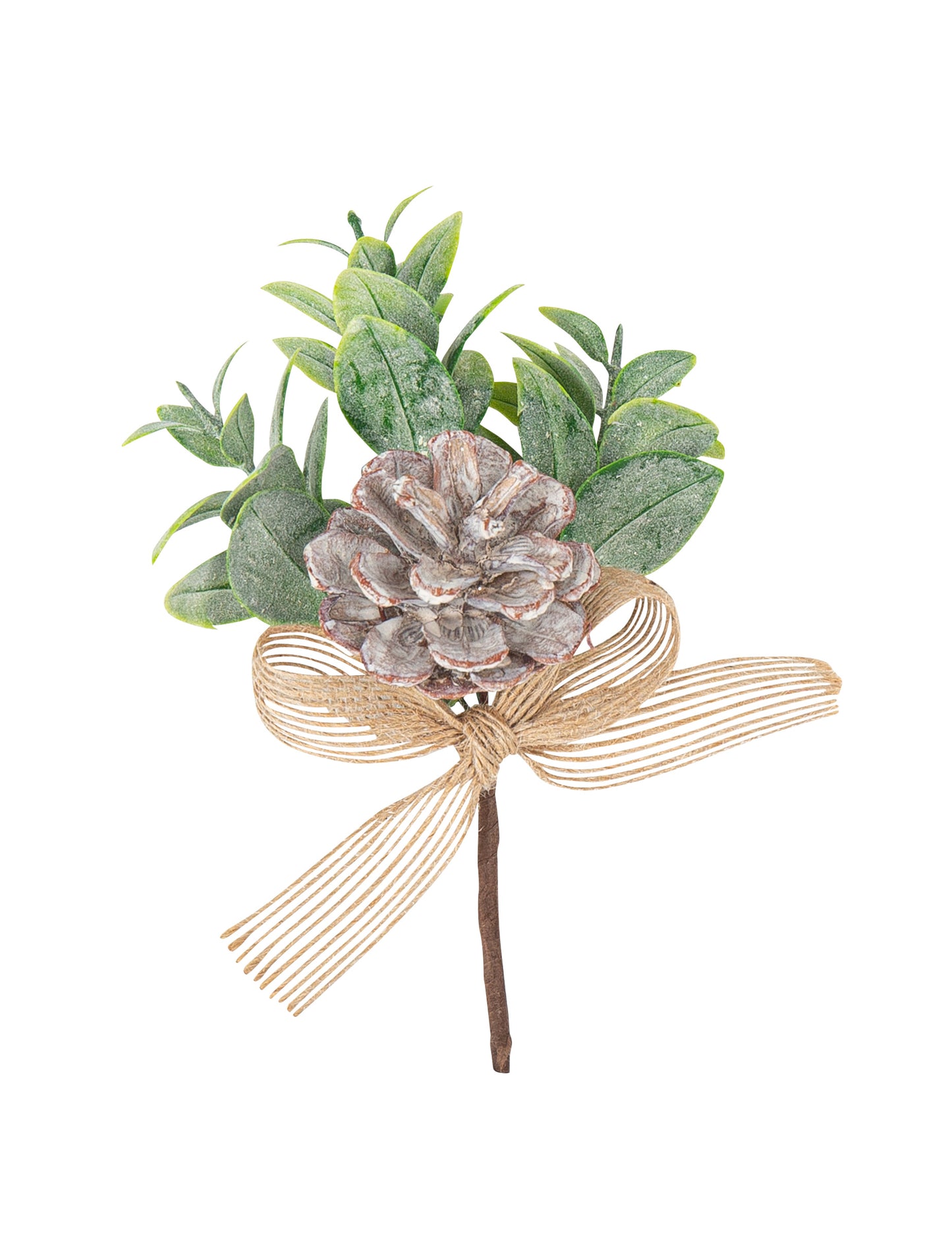 Větev z borové šišky a jutová stuha 14 cm ojíněný eukalyptus