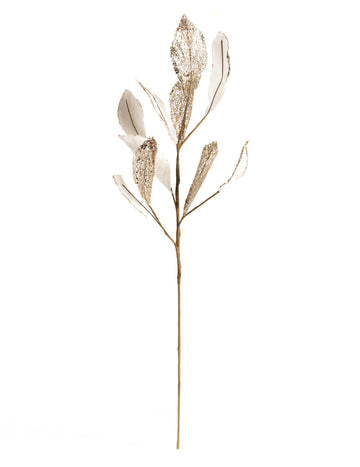 Bílá a champagne sametová větev 75cm s třpytkami
