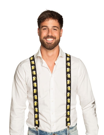 Černé pánské kšandy s žlutými vzory na motiv piva