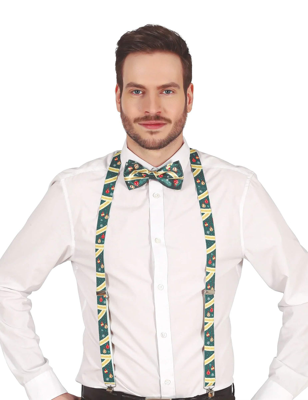 Bretelles de Noël pour adulte vertes avec motifs festifs et nœud papillon assorti