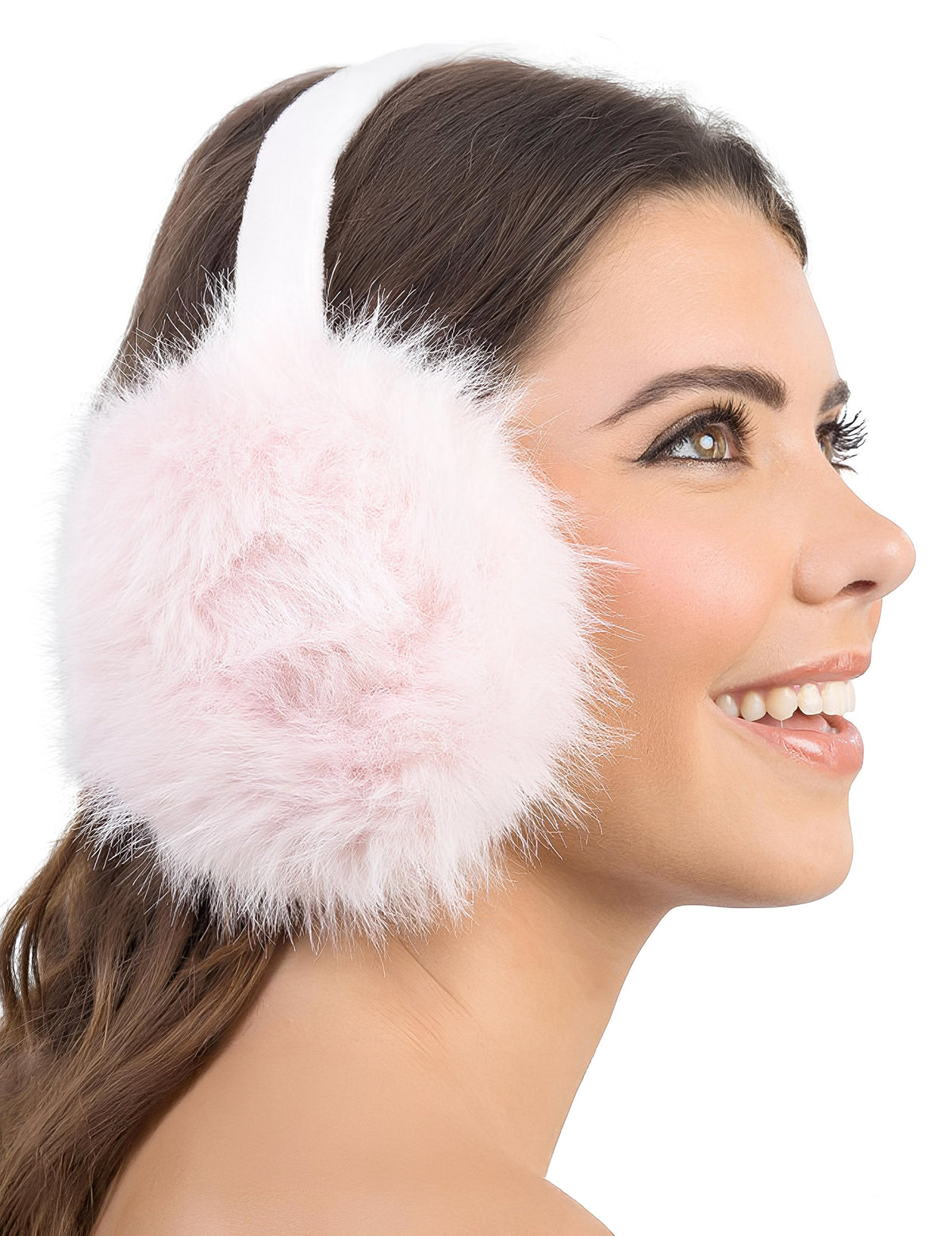 Vue de profil du cache-oreille fausse fourrure pour femme rose pâle
