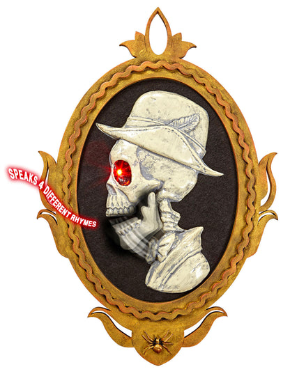 Cadre portrait gentilhomme squelette pour décoration Halloween doré et blanc amovible et lumineux