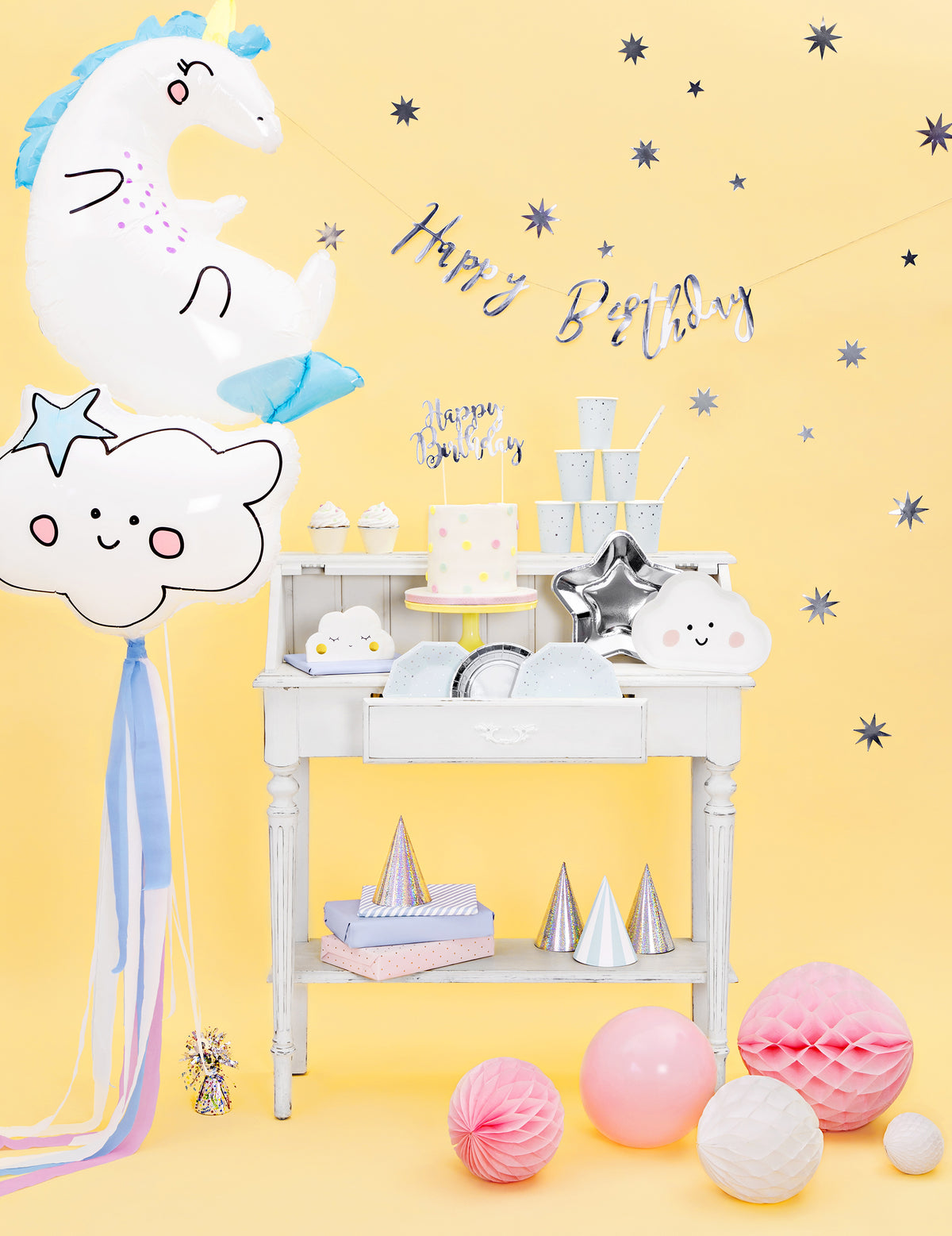 Cake topper en carton Happy Birthday pour gâteau argenté métallisé