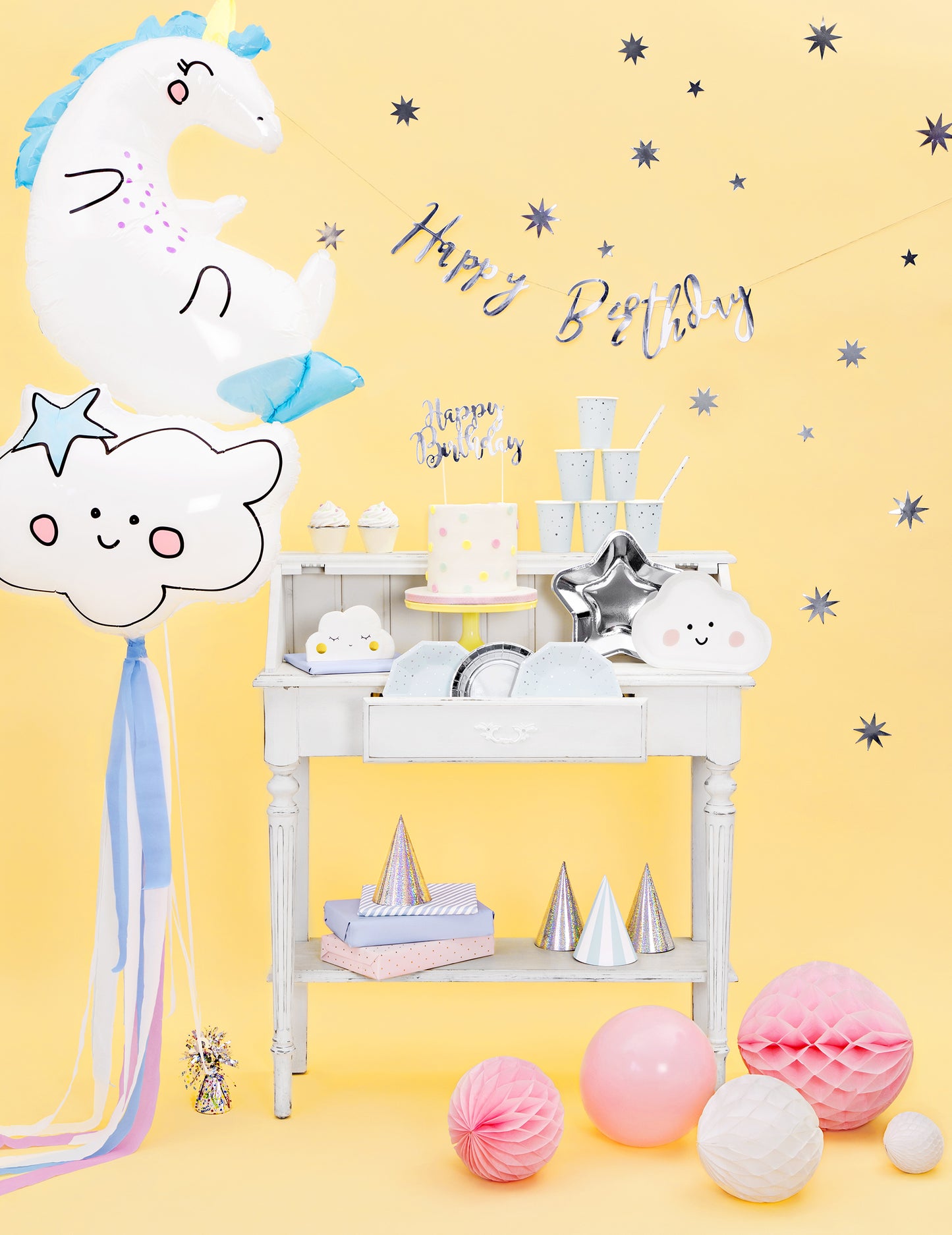 Cake topper en carton happy birthday argenté métallisé 22,5 cm pour gâteau