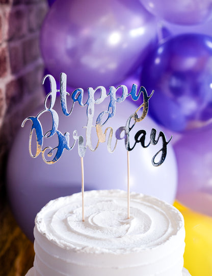 Cake topper en carton happy birthday argenté métallisé 22,5 cm pour gâteau