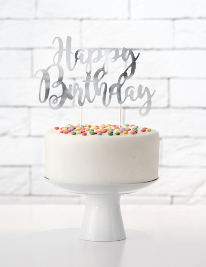 Cake topper en carton happy birthday argenté métallisé 22,5 cm pour gâteau