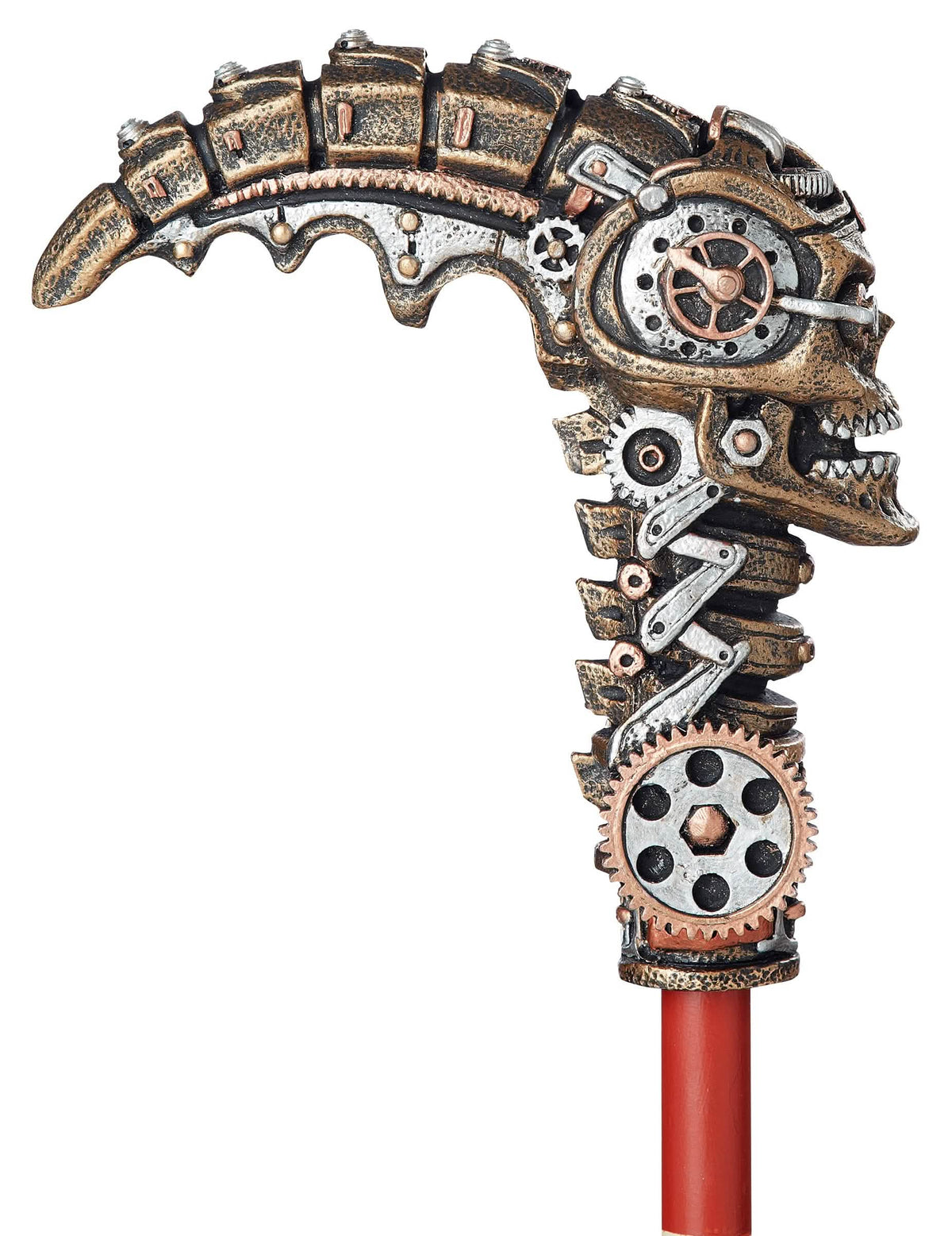Detail mechanismu hlavice rukojeti ve tvaru lebky z hole steampunk