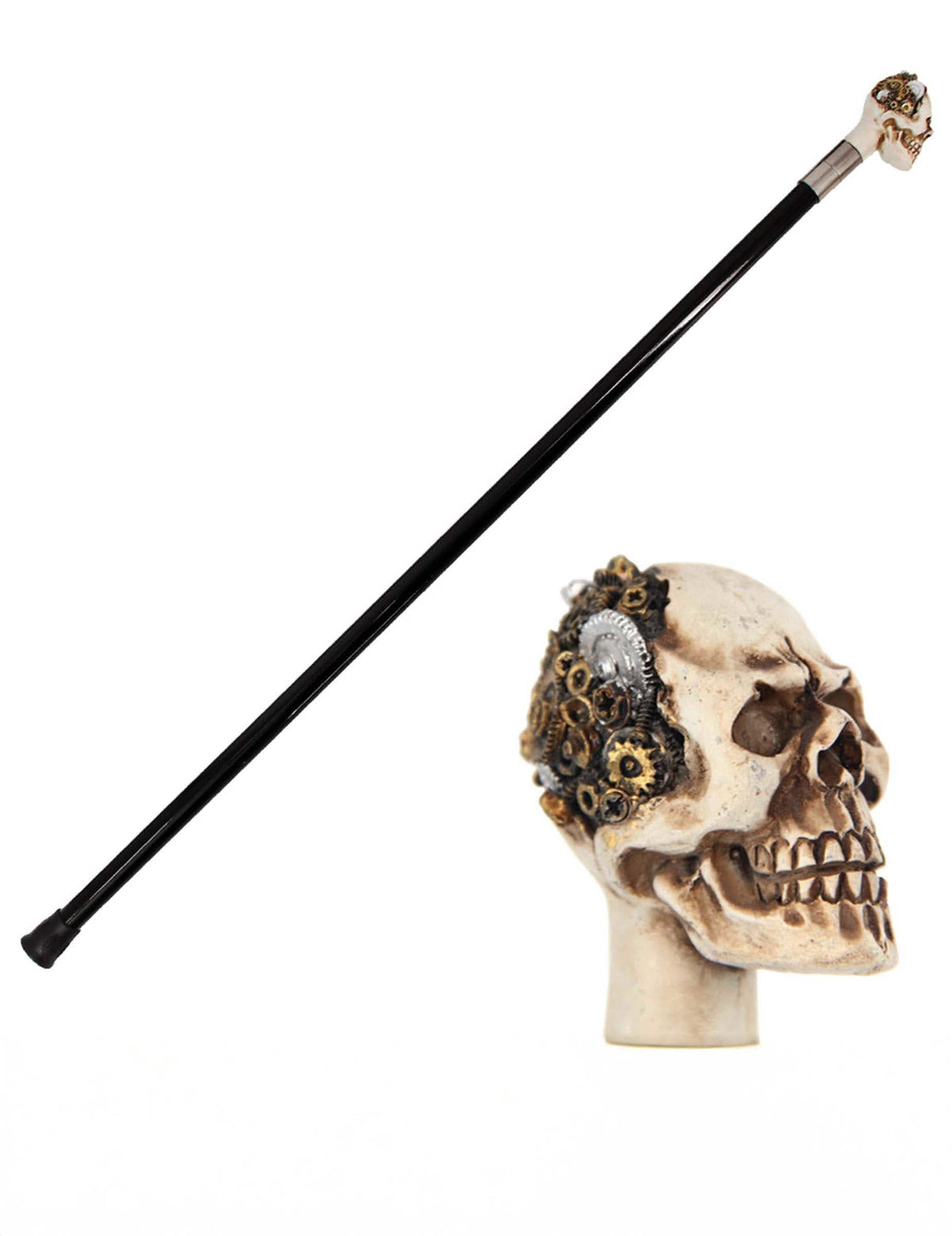 Canne Tête de mort steampunk pour adulte noir avec pommeau ivoire et engrenages dorés
