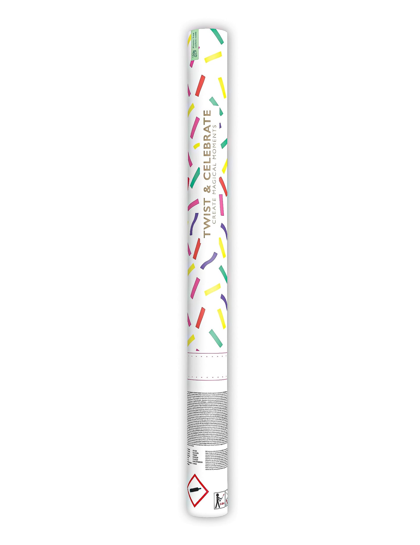 Vue complète du canon à confettis en papier bandes multicolores