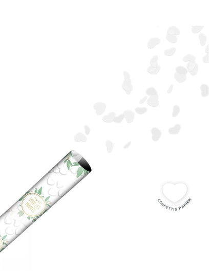Détail des confettis en forme de cœurs blancs du canon à confettis en papier Vive les mariés