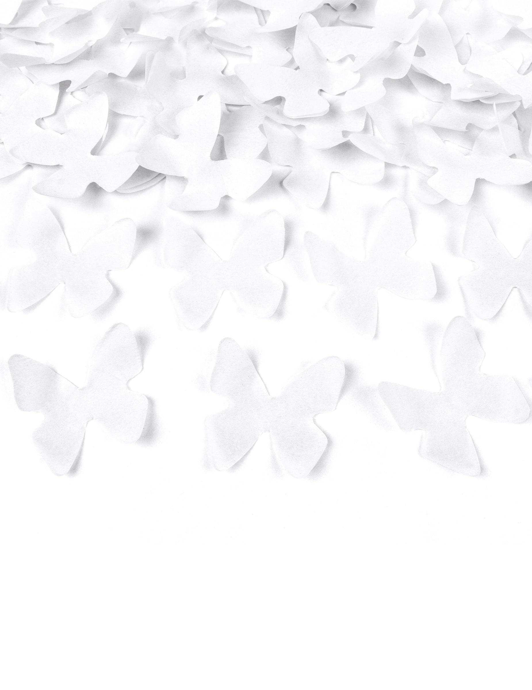 Détail des confettis en forme de papillons du canon à confettis papillons blancs