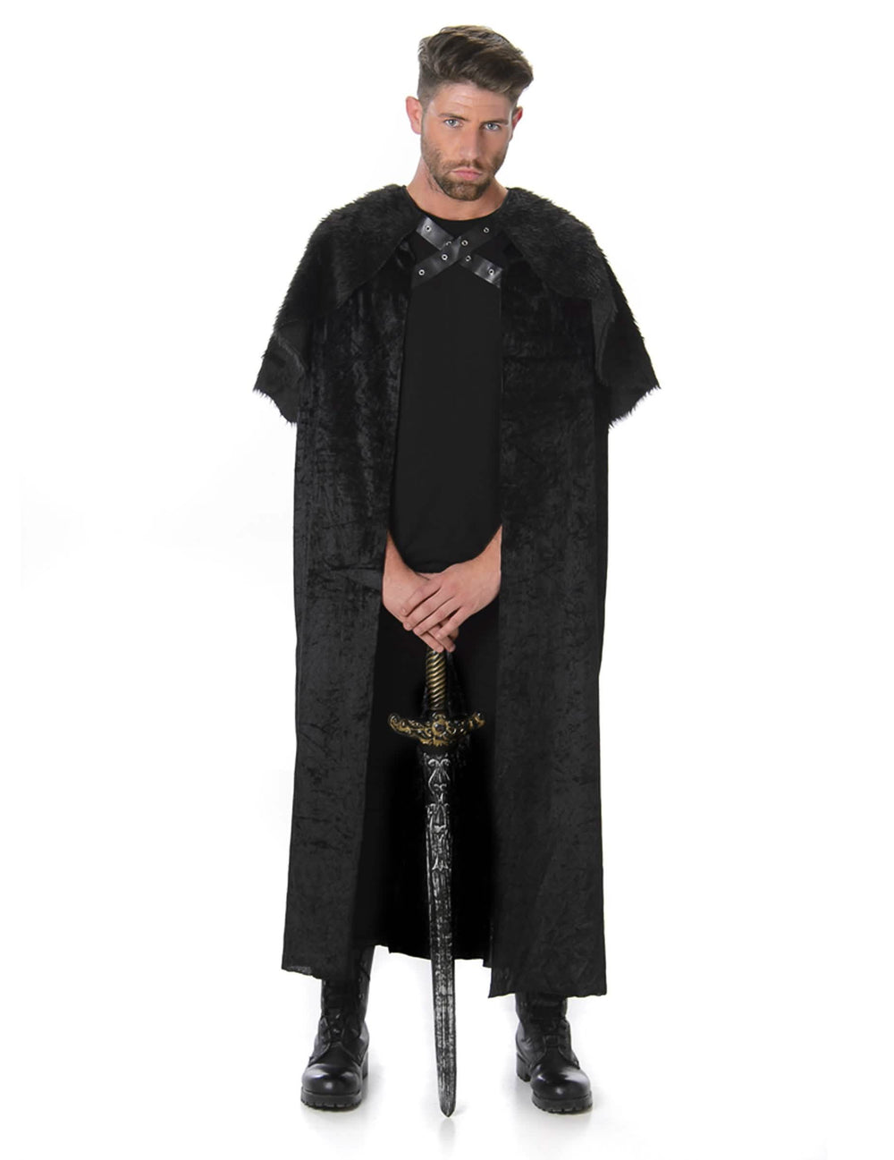 Černý středověký plášť s kožešinou pro muž s límcem z umělé kožešiny