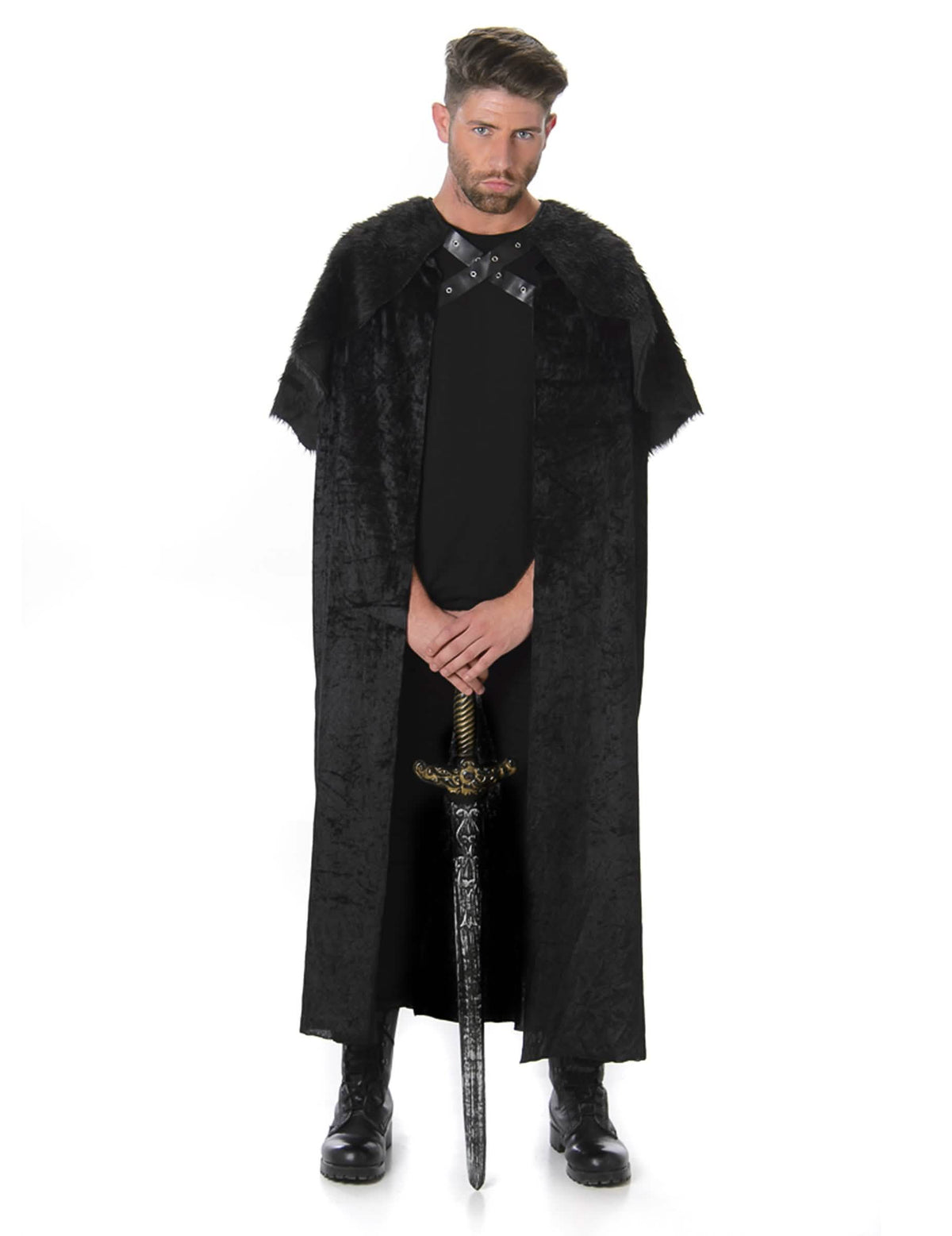 Černý středověký plášť s kožešinou pro muž s límcem z umělé kožešiny