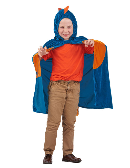 Cape dinosaure pour enfant bleue et orange avec capuche à pointes