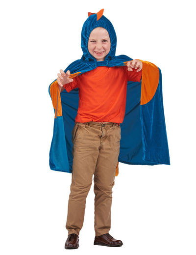 Cape dinosaure pour enfant bleue et orange avec capuche à pointes