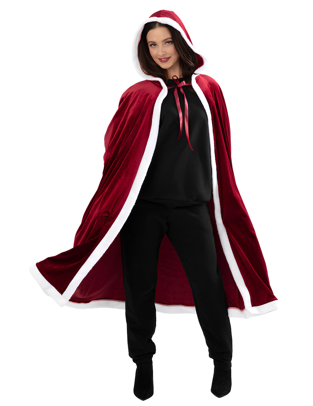 Cape longue de Noël luxe pour adulte rouge et blanche avec capuche