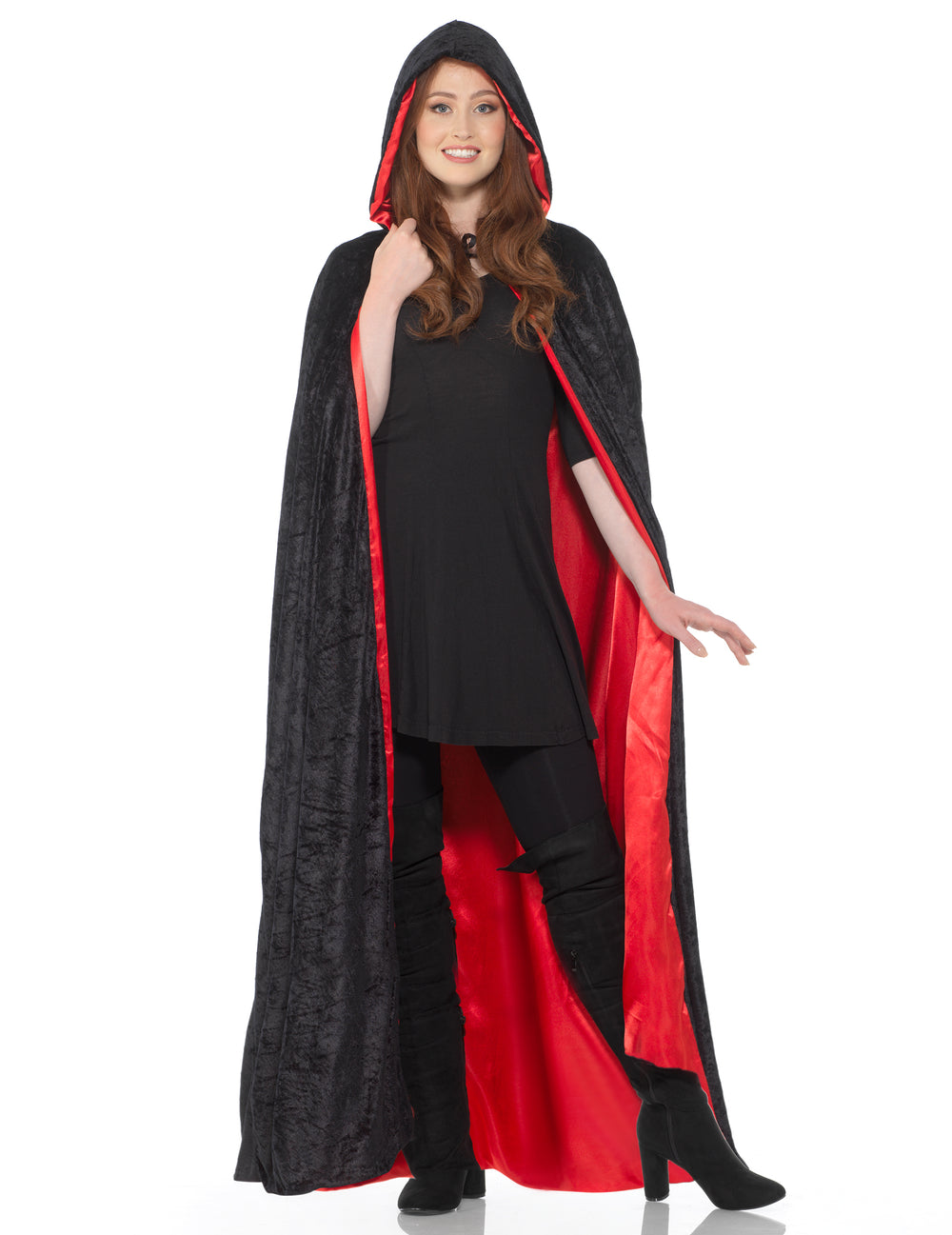 Vue de face avec capuche de la cape longue réversible luxe pour adulte