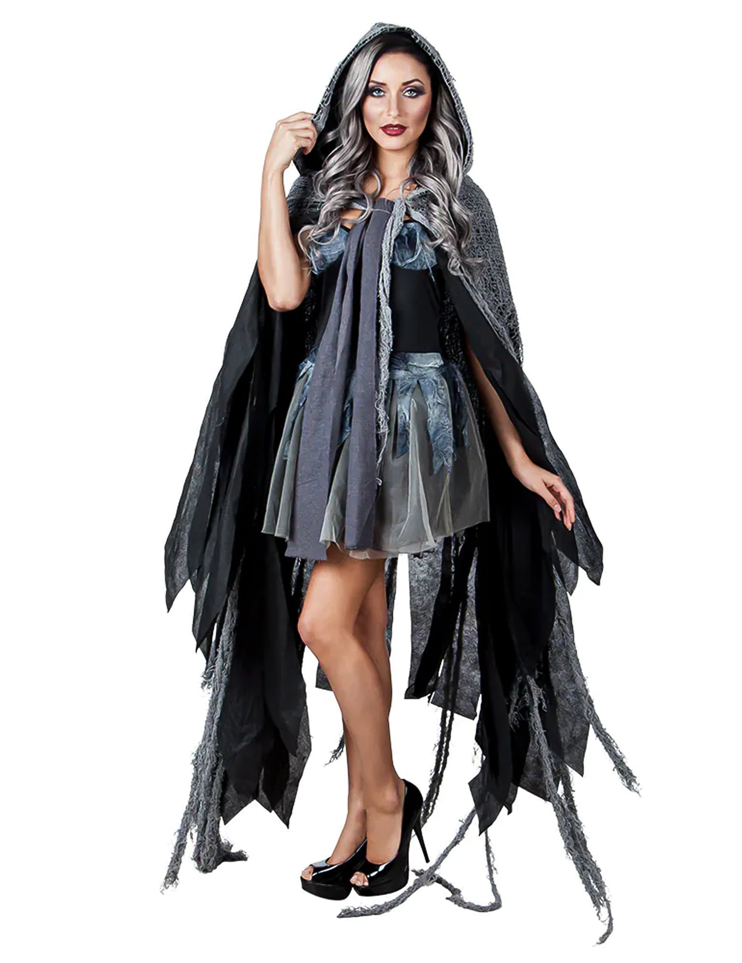 Cape obscure Halloween pour adulte noire et grise à capuche