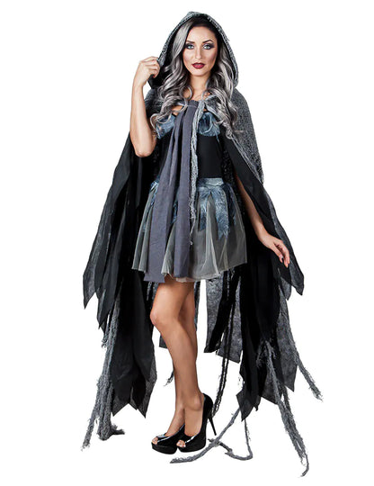 Cape obscure Halloween pour adulte noire et grise à capuche