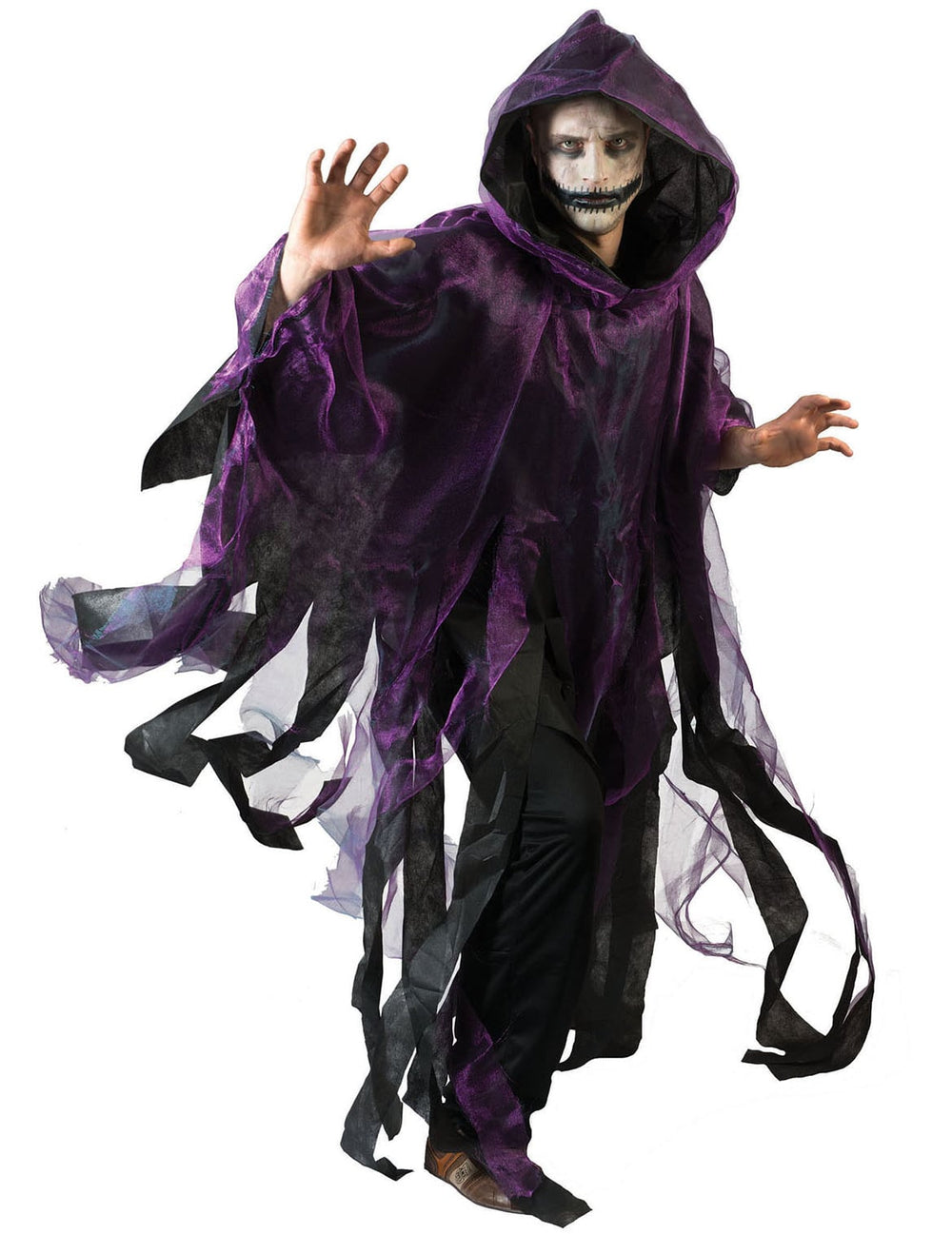 Cape Halloween pour adulte violette et noire avec capuche à lambeaux