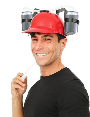 Červená helma proti žízni pro dospělé s držáky na plechovky