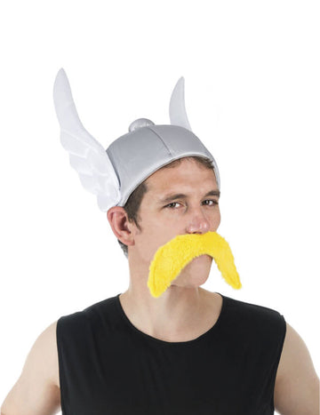 Casque Astérix pour adulte gris avec ailes blanches et moustache jaune
