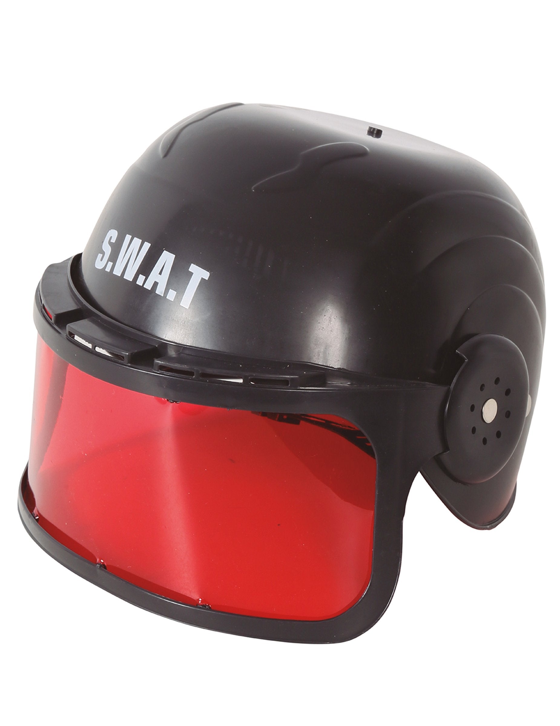 Vue de trois-quarts du casque avec visière SWAT pour enfant