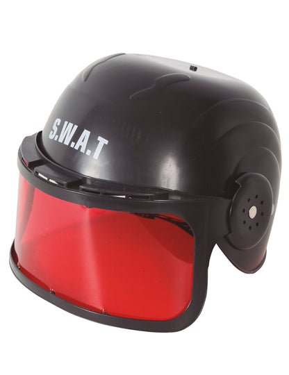 Vue de trois-quarts du casque avec visière SWAT pour enfant