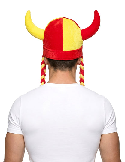 Casque en tissu avec cornes et tresses supporter rouge et jaune Espagne