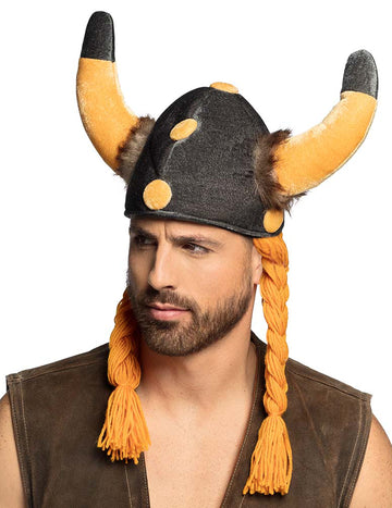 Casque gaulois pour homme noir avec cornes et nattes orange