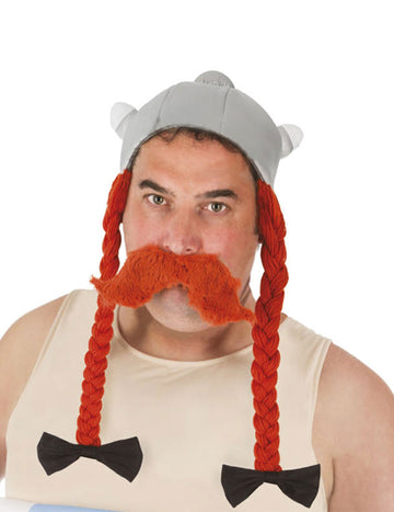 Casque Obélix pour adulte gris avec tresses rousses et moustache