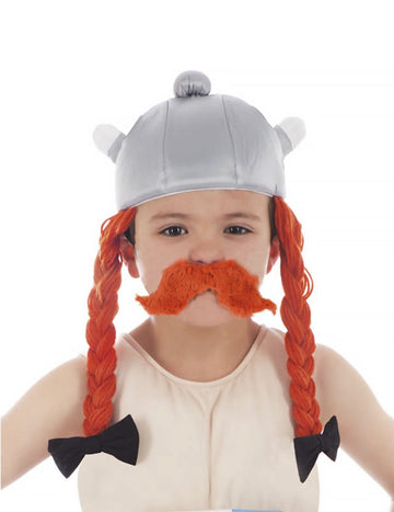 Casque Obélix pour enfant gris avec nattes rousses et moustache orange