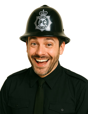 Casque policier anglais pour adulte noir avec écusson argenté