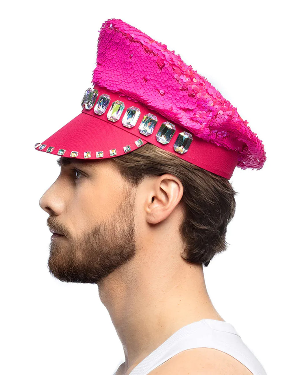 Vue de profil de la casquette à sequins réversibles pour adulte rose fluo