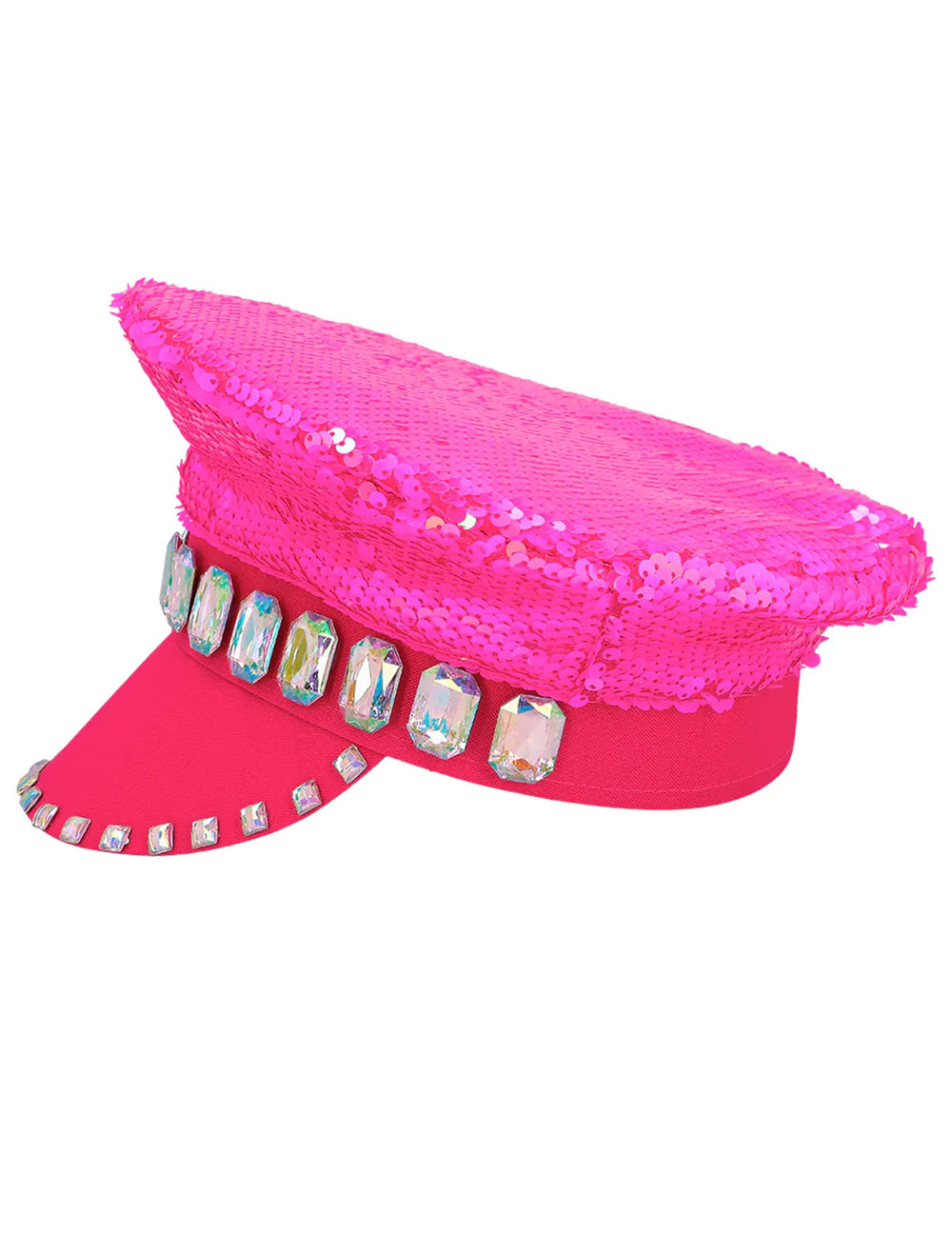 Vue de trois-quarts de la casquette à sequins réversibles pour adulte rose fluo