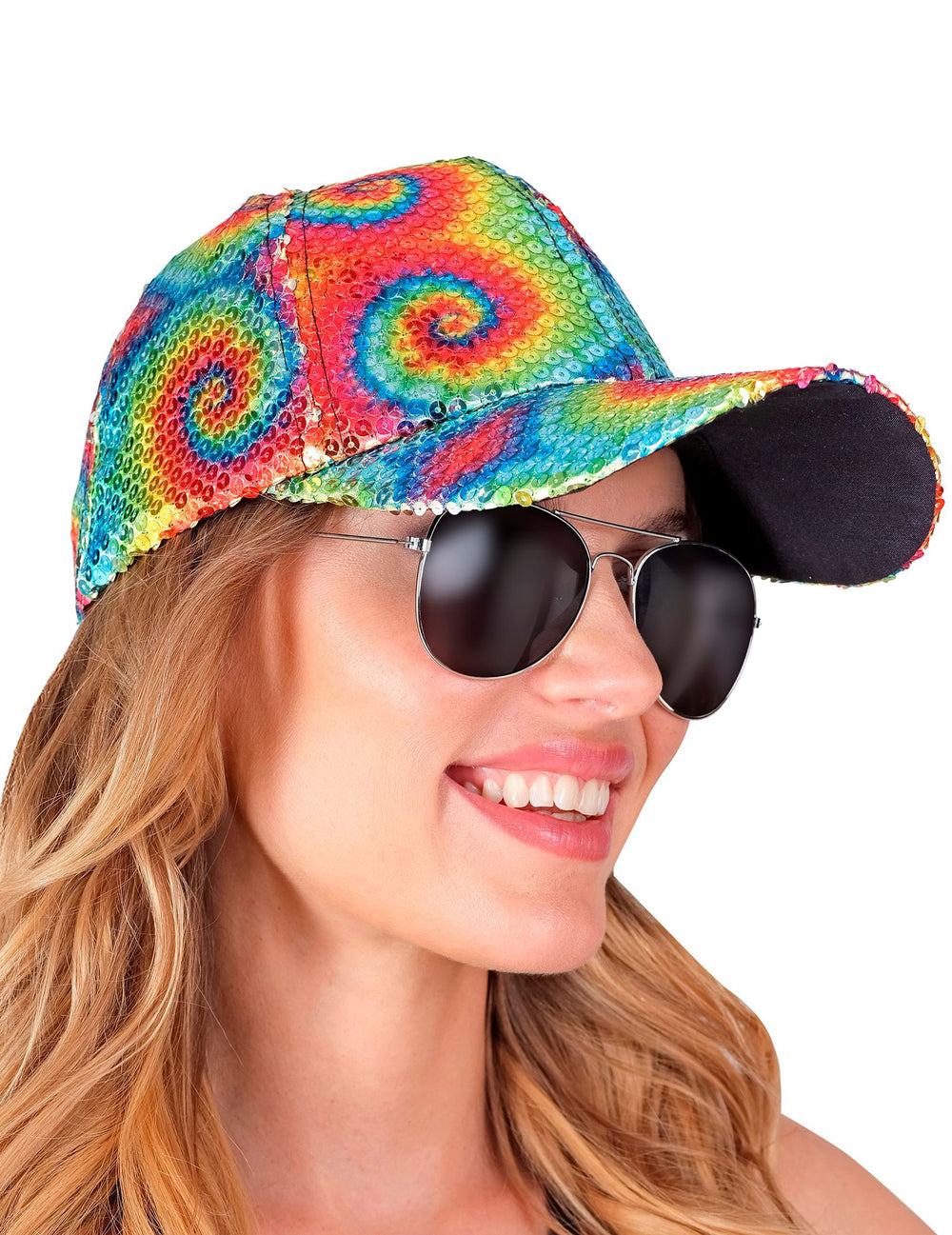Vue de trois-quarts de la casquette à sequins tie and dye